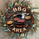 Vintage Inspired Round BBQ Area Metal Sign Grill Themed Outdoor Decor with Steak Tools Imagery Retro Bar Cafe Patio Accessory